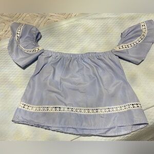 HAUTE ROGUE Blue and white stripes Off the Shoulder Ruffled Sleeve Top…